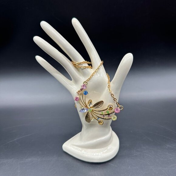 Colorful Rhinestone Butterfly Necklace Gold Tone Adjustable Chain Fruit Salad - Picture 2 of 9